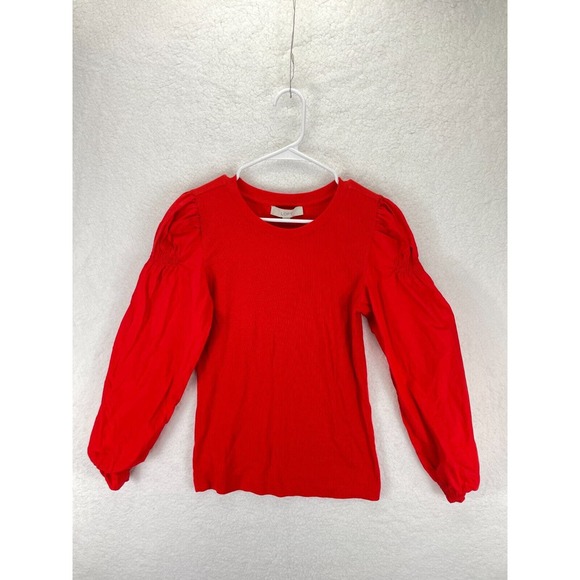 LOFT Women’s Small Viva Red Ruffle‎ Cuff Mixed Media Blouse Crew Neck Office NWT - Picture 2 of 7